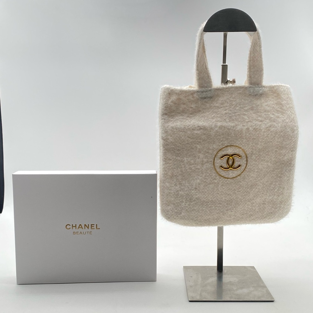 Chanel Tweed Mini Tote White W Gold Chanel Logo New With Box
